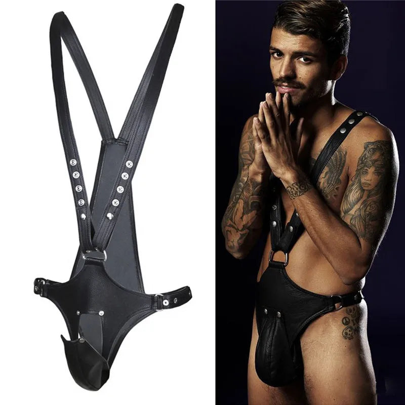 Fetish Men Erotic Leather Pants Male Gay Body Bondage Cage Open Crotch Pants Pole Dance Costumes for Adult BDSM Sex