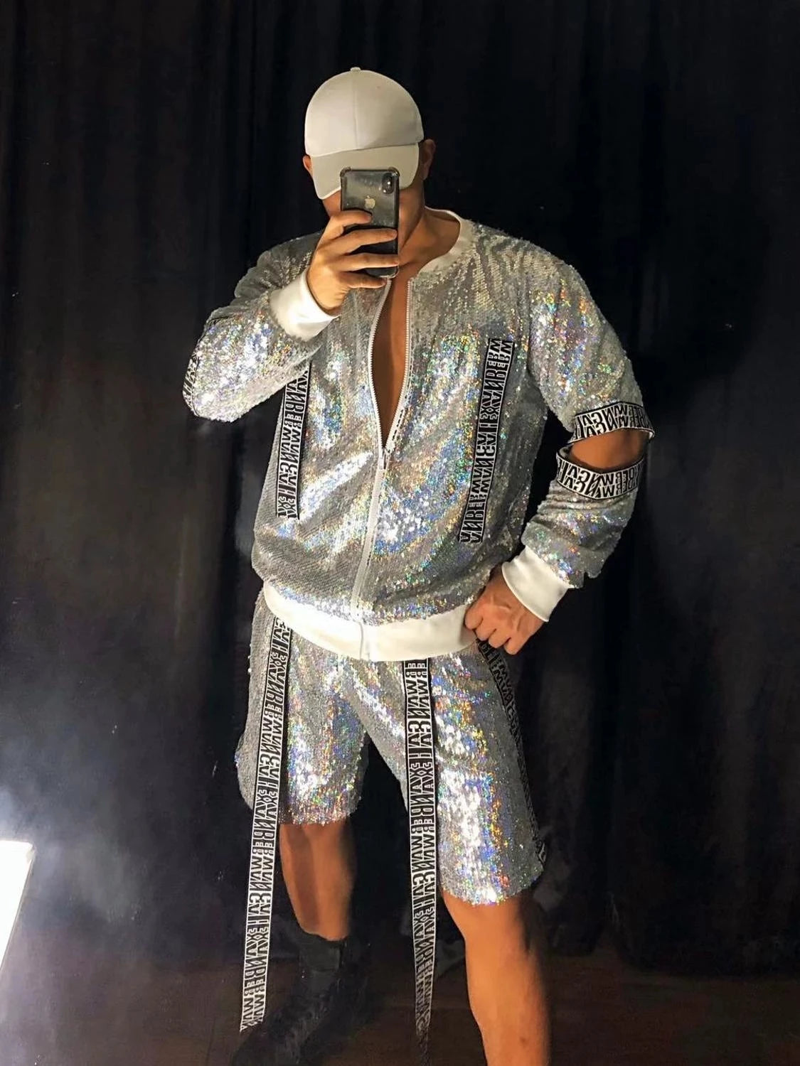 Men club dance costume Silver Two-piece Shiny Sequins Jacket Pants Baseball Suit Nightclub Tide Hip Hop Rock Performance wear