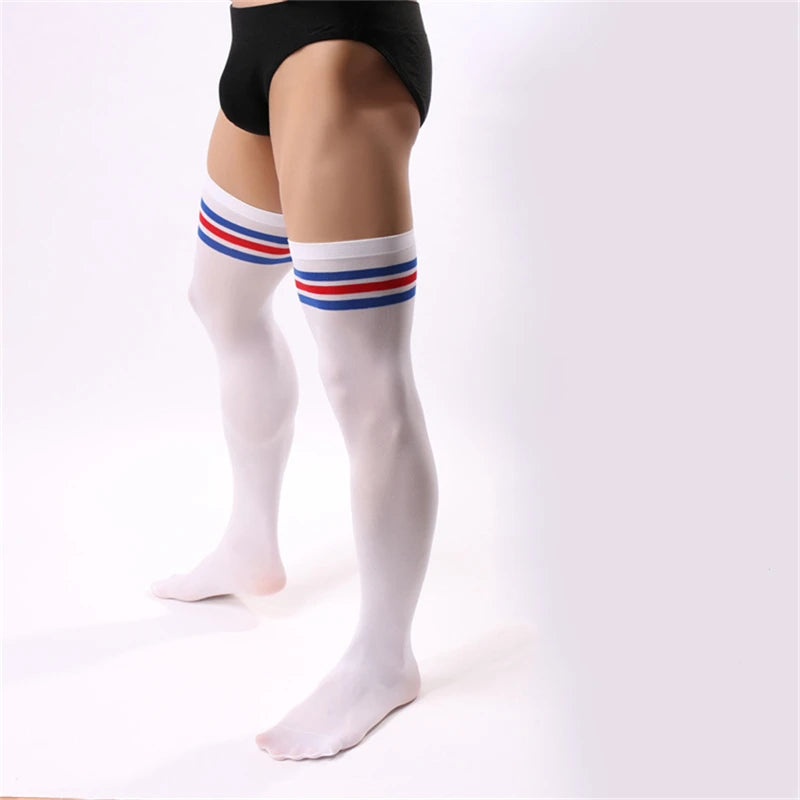 1 Pair/Men's Socks Man High Elastic Football Sports Long Socks Men Breathable Velvet Thigh Socks Man's Striped Silk Stockings