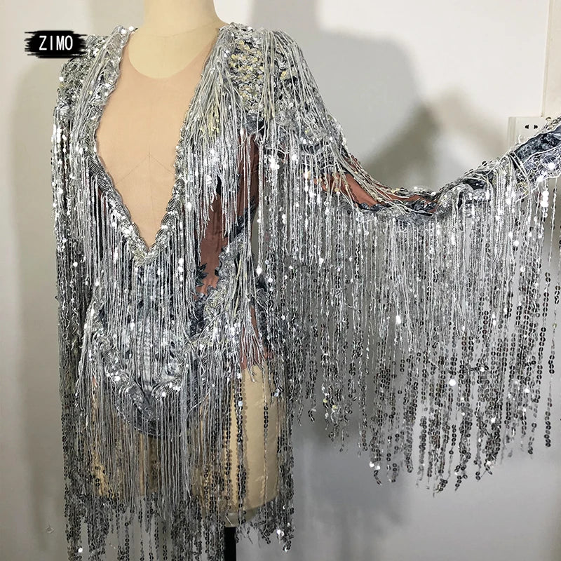 Sparkly sequin Fringe silver Bodysuit for Women Dancer Show Leotard Celebrate Outfit Prom Bar Birthday night club gogo Costumes