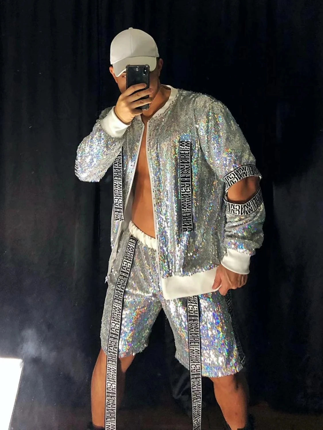 Men club dance costume Silver Two-piece Shiny Sequins Jacket Pants Baseball Suit Nightclub Tide Hip Hop Rock Performance wear