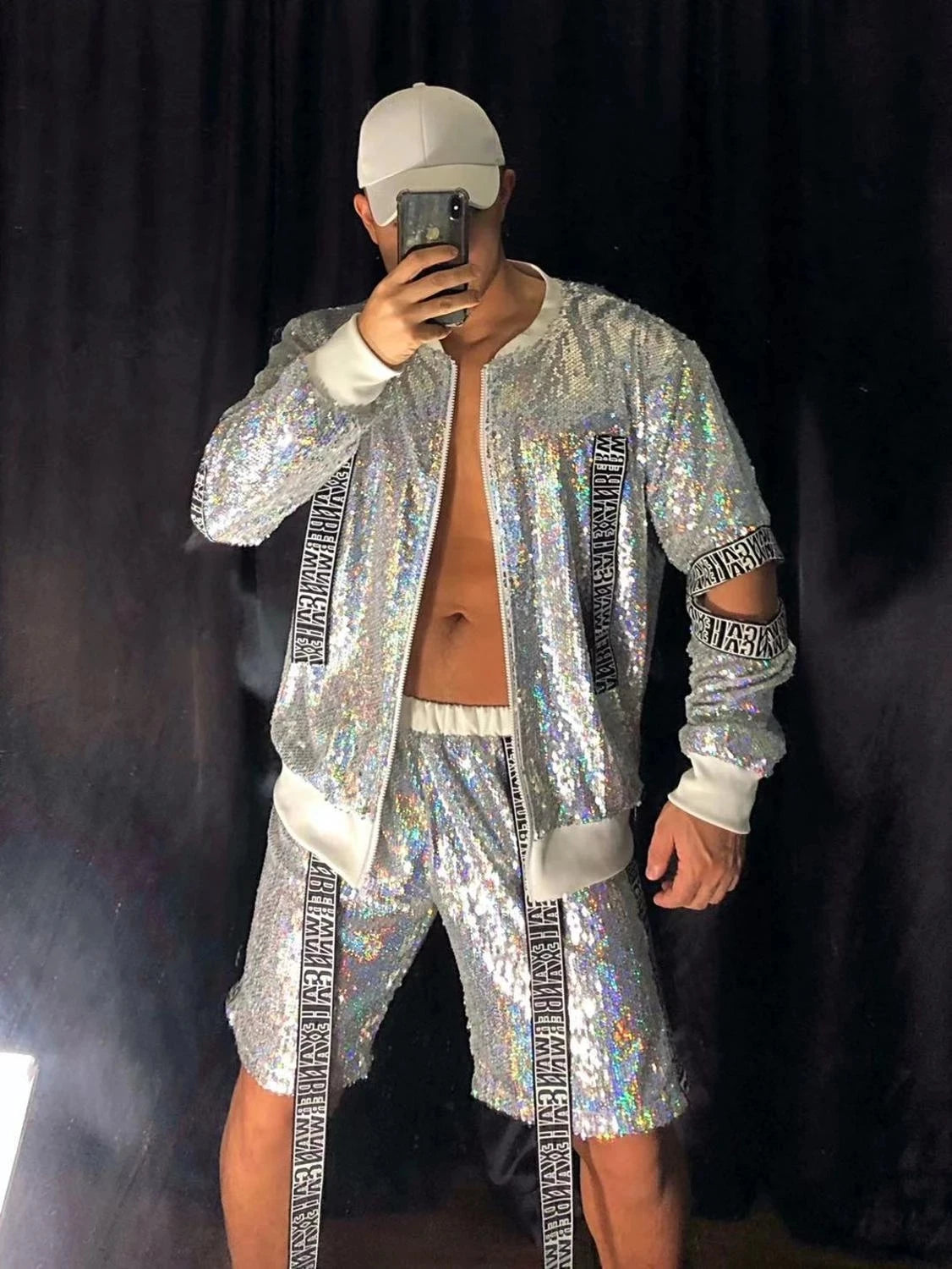 Men club dance costume Silver Two-piece Shiny Sequins Jacket Pants Baseball Suit Nightclub Tide Hip Hop Rock Performance wear