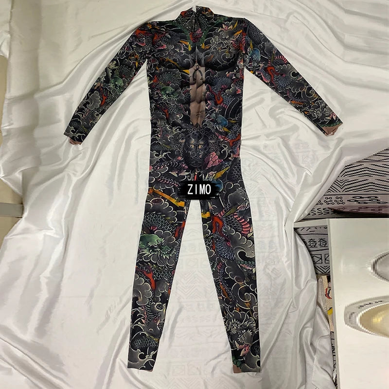 tattoo Muscle Man women nude bodysuit Male guest gogo sexy catwalk print jumpsuit skinny stage dance club costume rave festival