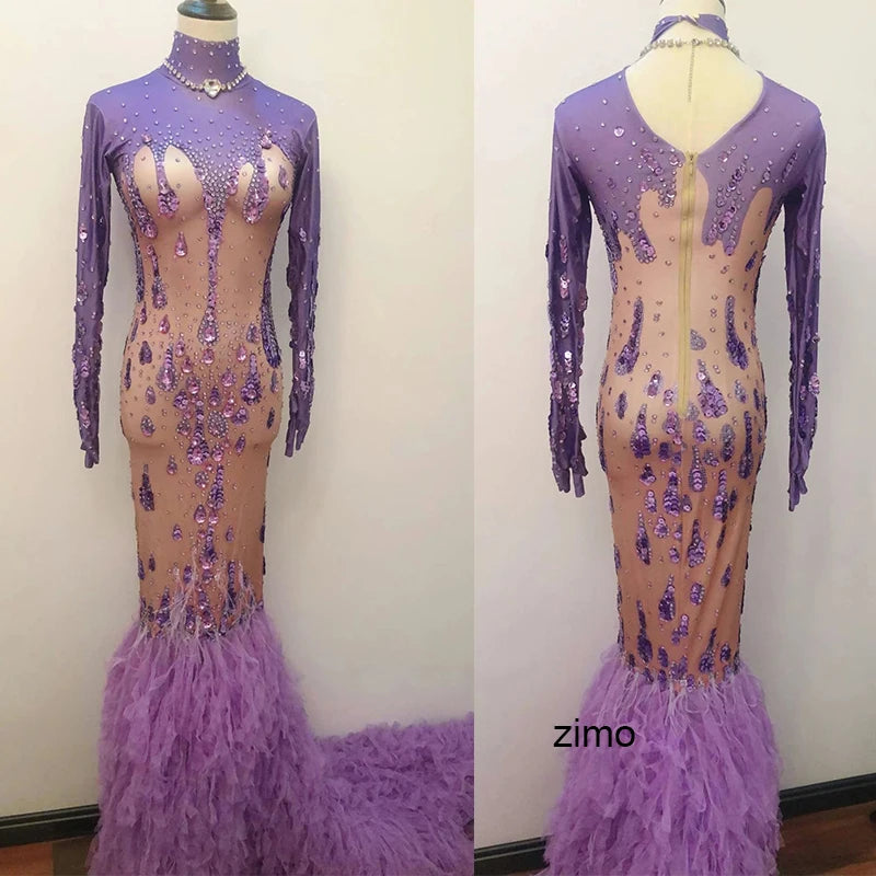 Elegant purple rhinestone dress crystal mesh Long Tail Women sexy Singer Dancer Outfit Birthday party Stage performance costumes