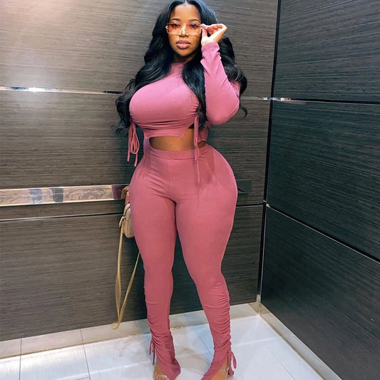 Sexy Plus Size Women Clothing Ribbed Long Sleeve Crop Top and Pants Sets Bodycon Ladies 2 Piece Outfits Wholesale Dropshipping