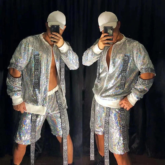 Men club dance costume Silver Two-piece Shiny Sequins Jacket Pants Baseball Suit Nightclub Tide Hip Hop Rock Performance wear