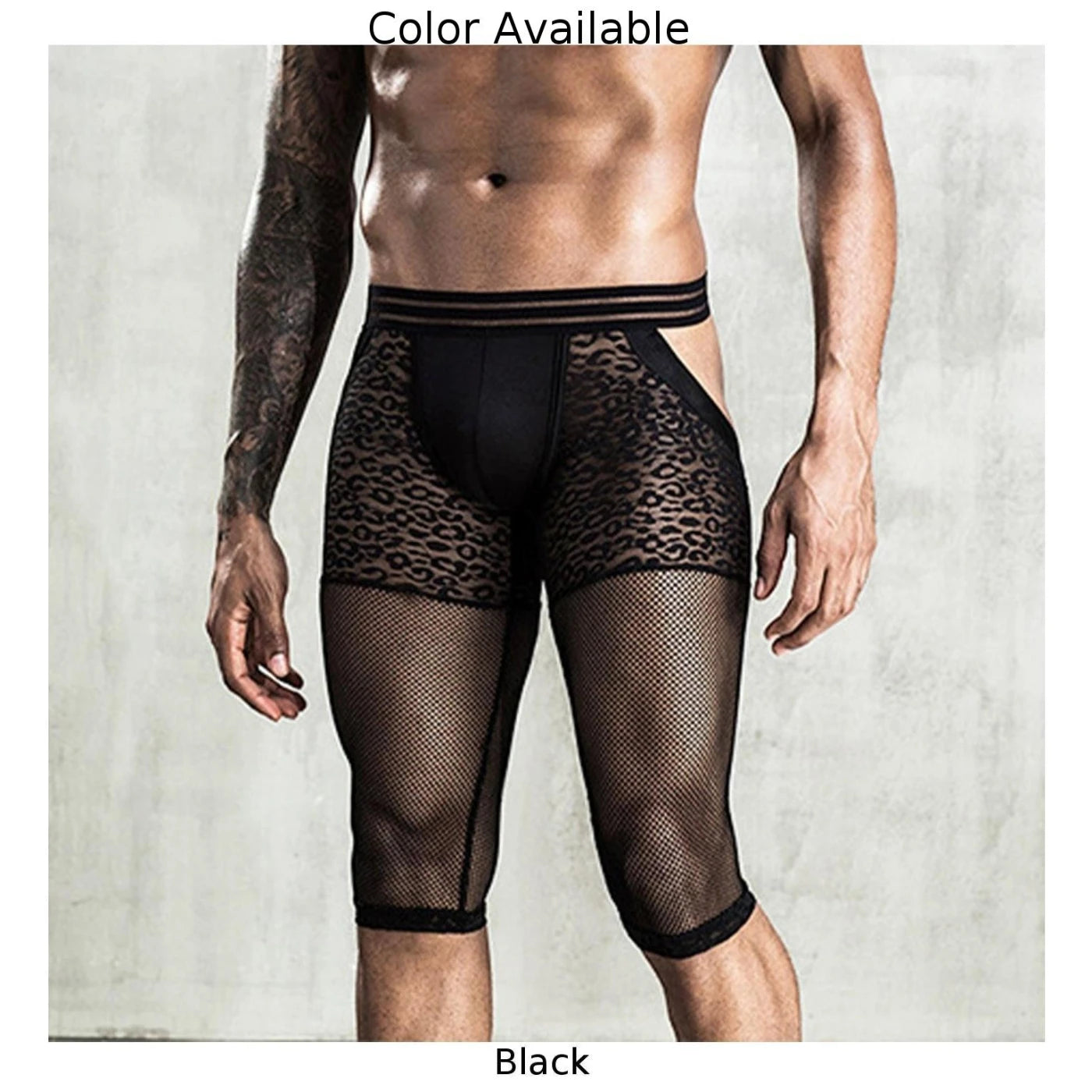 Men's Transparent Mesh Leopard Open Buttocks Knee Length Boxer Bulge Pouch Briefs Underwear Pump Boxers Shorts And Underpants