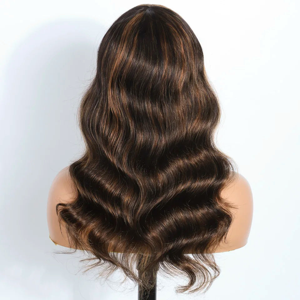 180D Highlight Body Wave Human Hair Wig With Bangs Wear To Go Ombre Blonde Brazilian Body Wavy Human Hair Wigs For Women