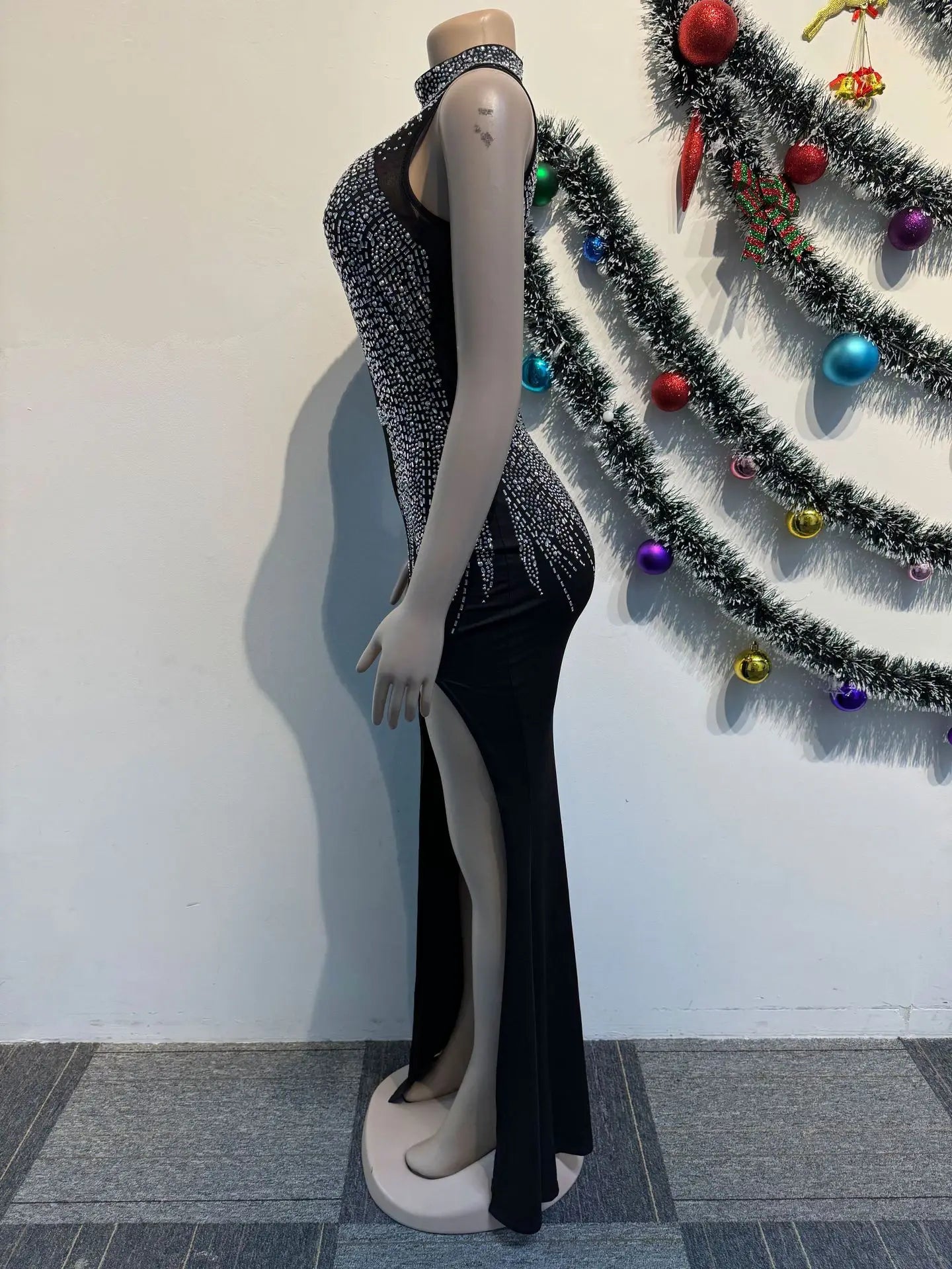 Mesh Rhinestone Prom Evening Dress Sexy Women O-neck Bodycon Sparky Diamond Long Party Dress