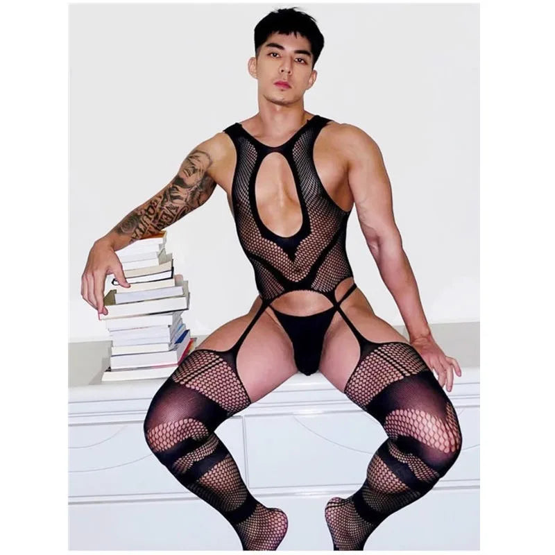 Mens Fishnet Bodysuit Gay Fetish Lingerie Elastic Bodystocking Transparent Porno Costume Sissy Lingerie Club Wear Male Nightwear