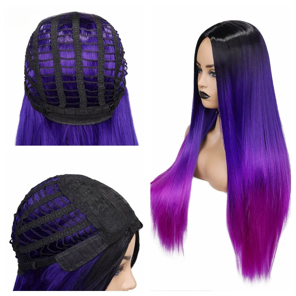 Ombre Rainbow Black Blue Purple Long Straight Synthetic Wigs for Women Red Black Cosplay Wig for Christmas Heat Resistant Fiber