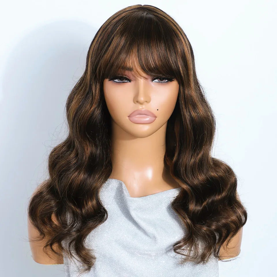 180D Highlight Body Wave Human Hair Wig With Bangs Wear To Go Ombre Blonde Brazilian Body Wavy Human Hair Wigs For Women