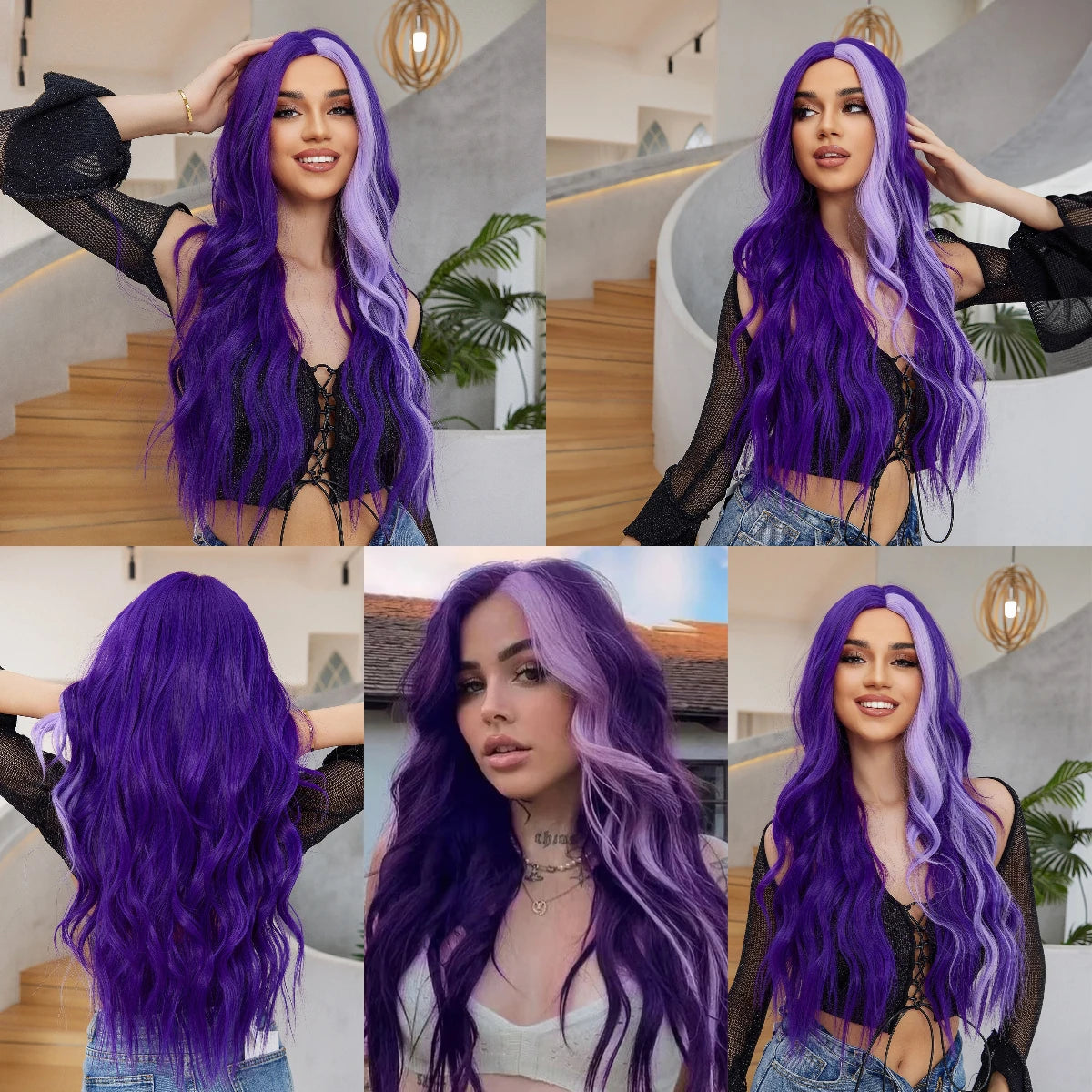 Emmor Long Purple Wave Wig Cosplay Party Halloween Synthetic Wigs for Women High Quality Fiber Hair Wig