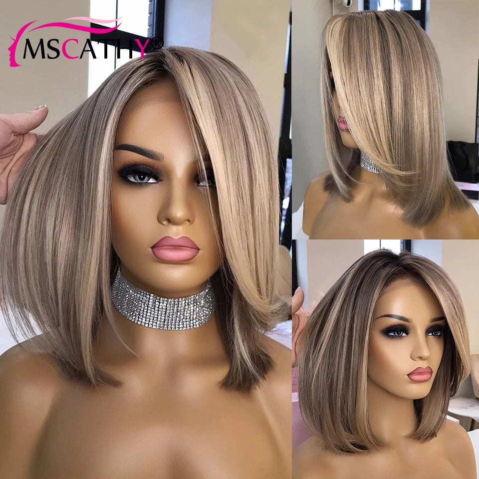 Ash Brown Blonde Highlight Lace Front Wig Ash Grey Straight Short Bob Lace Front Wig HD Glueless Bob Lace Frontal Human Hair Wig