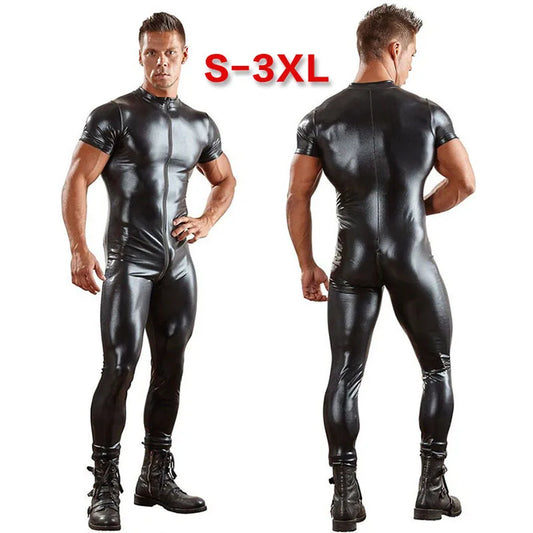 Wetlook Fetish Men PVC Leather Bodysuit Catsuit BDSM Gay Tight Erotic Lingerie Sexy Sissy Jumpsuit Pants Male Latex Underwear