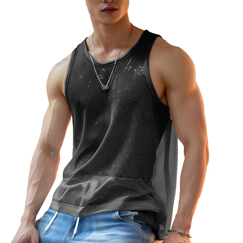 Men See-through Mesh T Shirt Crew Neck Tank Tops Sleeveless Vest Party Nightclub