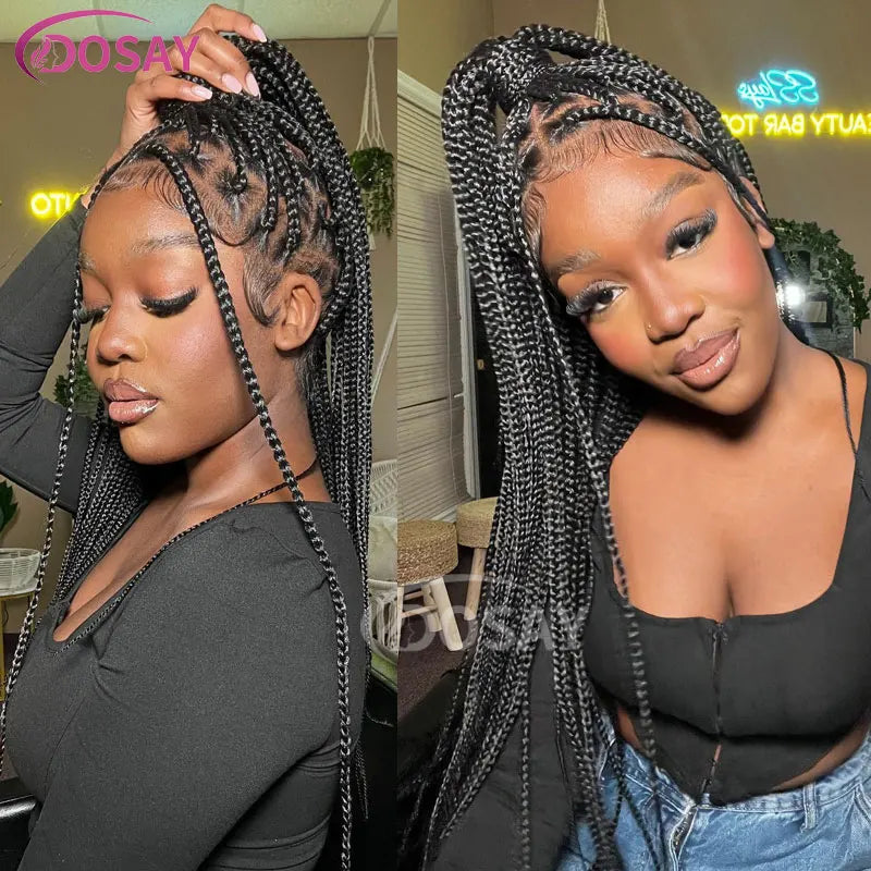 36" Full Lace Braided Wigs Box Braids Lace Front Wigs Knotless Braided Wigs For Black Women Small Box Square Hair Wigs African