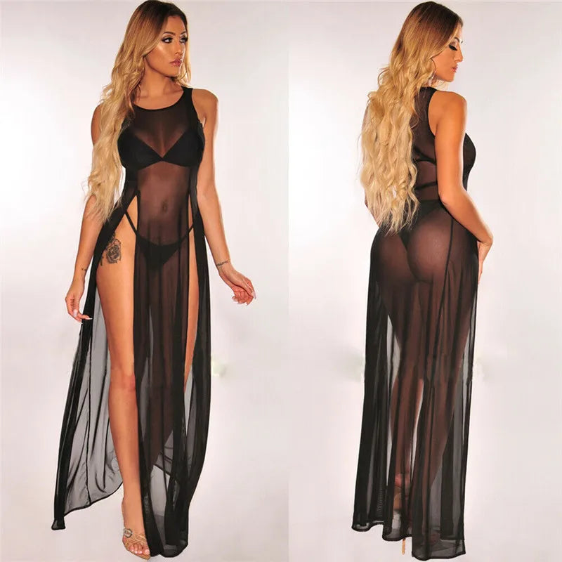 Hot Woman Sexy Mesh Sheer Long Dress See Through Bikini Cover Up Beach Sundress Solid Long Dress Sleeveless Strap Dress