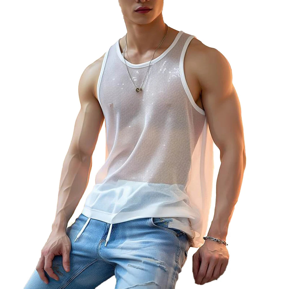 Men See-through Mesh T Shirt Crew Neck Tank Tops Sleeveless Vest Party Nightclub