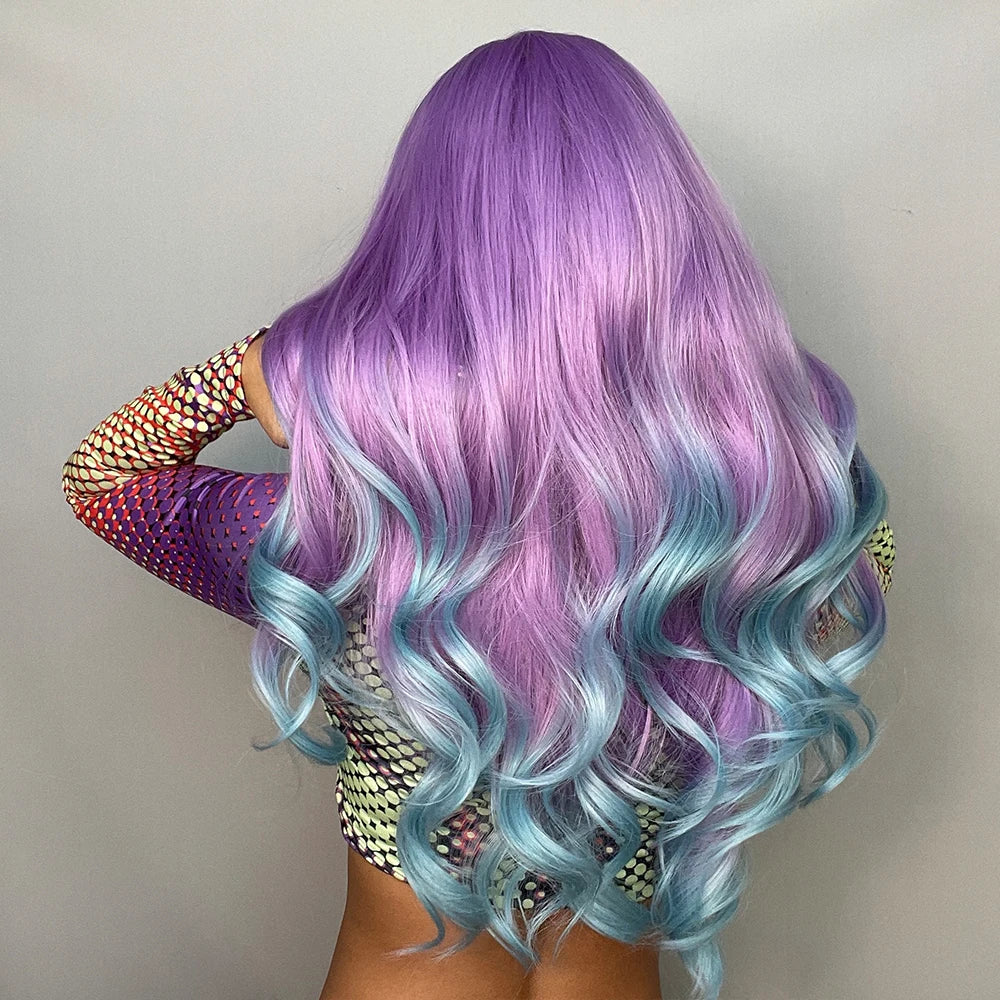 Blonde Unicorn Synthetic Long Wavy Wig Ombre Purple to Blue For WOMEN Cosplay halloween Wigs Heat Resistant Fiber Bangs Hair