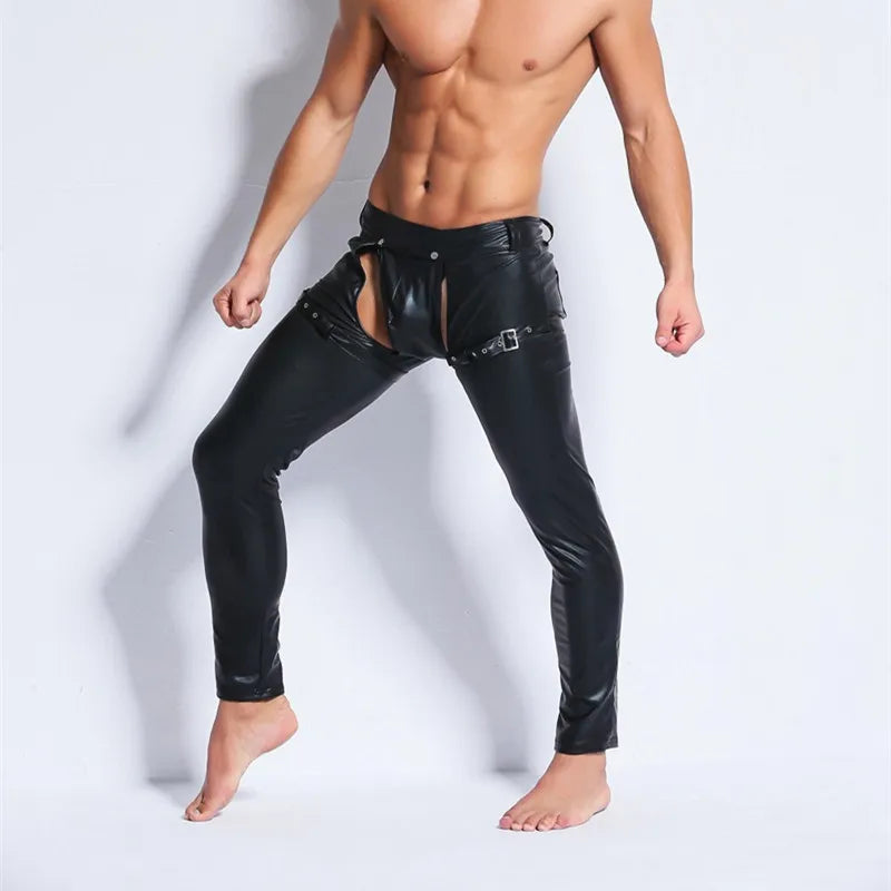 Fetish Gay Clothes Open Crotch Legging Long Chaps Pants PVC Leather Crotchless Pole Dance Pants Wetlook Latex Men's Underwear