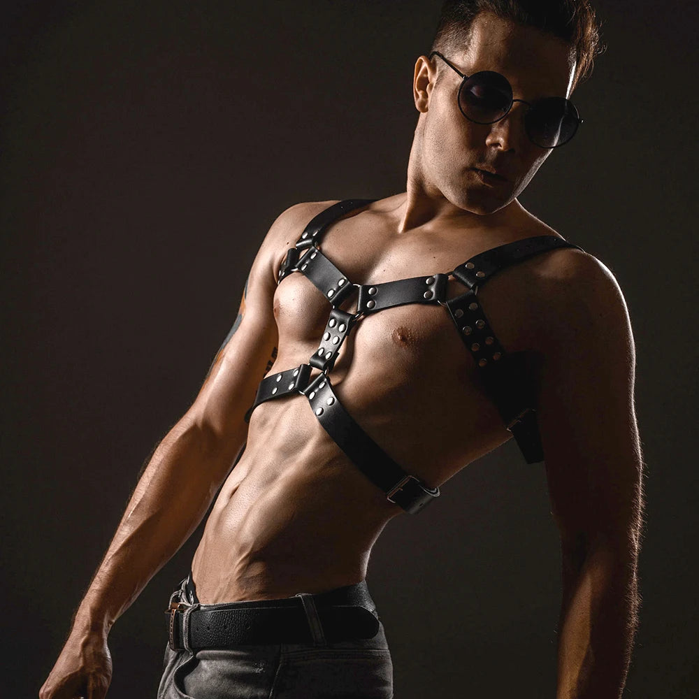 PU Leather Mens Harness Belts Fetish Gay Clothing Male Body Straps Lingerie Punk Rave Shoulder Chest Harness Men Costumes