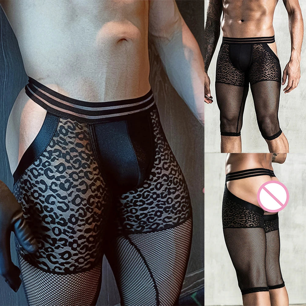 Men's Transparent Mesh Leopard Open Buttocks Knee Length Boxer Bulge Pouch Briefs Underwear Pump Boxers Shorts And Underpants