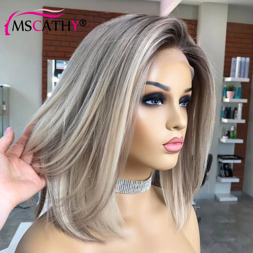 Ash Brown Blonde Highlight Lace Front Wig Ash Grey Straight Short Bob Lace Front Wig HD Glueless Bob Lace Frontal Human Hair Wig