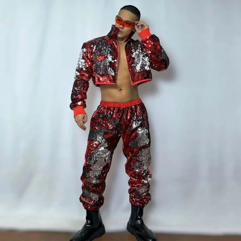 Red Silver Sequins Suits Men Nightclub Ds Dj Gogo Dancer Costumes Stage Performance Muscle Man Sexy Pole Dance Outfits XS8090