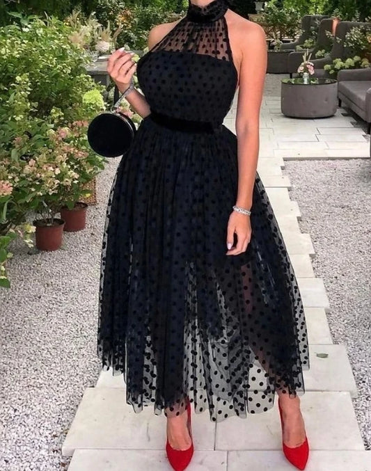 Women Fashion New Summer Black Mesh Polka Dot Sleeveless Skirt with Waistvacation Hign Waist Elegant Dress