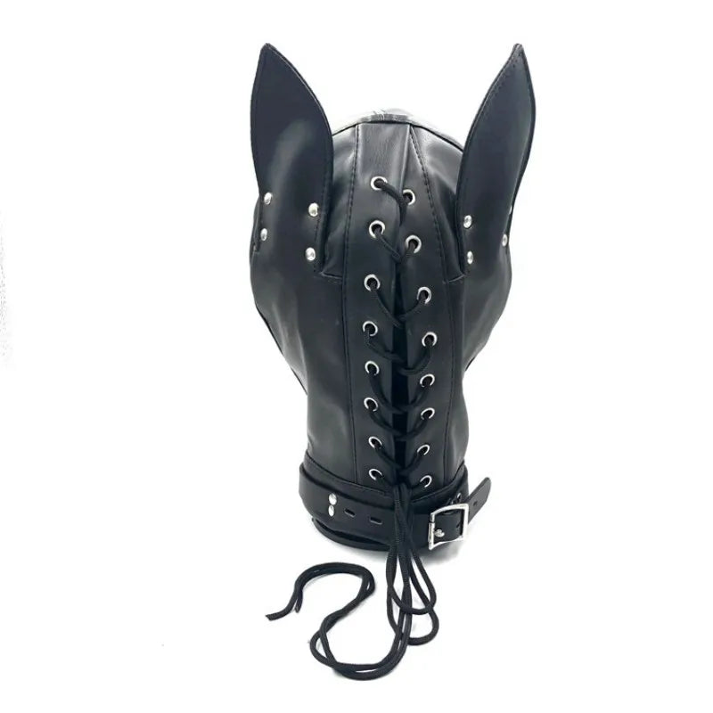 Puppy Cosplay Fetish Costumes of Adjustable Leather Full Head Hood with Eye Mask for Dog Roleplay Exotic Accessories