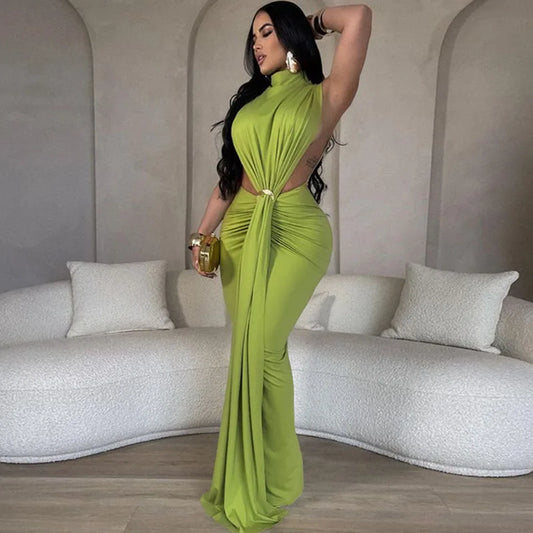 Elegant Celebrity Mermaid Maxi Dress Women Birthday Night Party Evening Prom Metal Ring Cutout Ruched Ribbon Formal Long Dresses