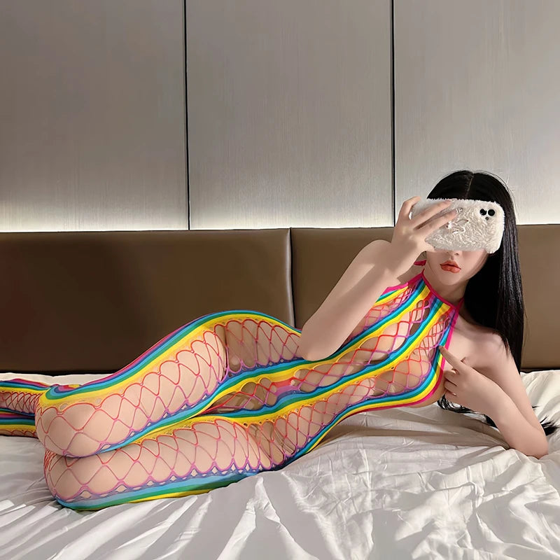 Naughty Sexy Women Bodysuit Luxury Dominatrix Snake Cosplay Lingerie Rainbow Fishnet Bodystocking Open Crotch Backless Body Suit