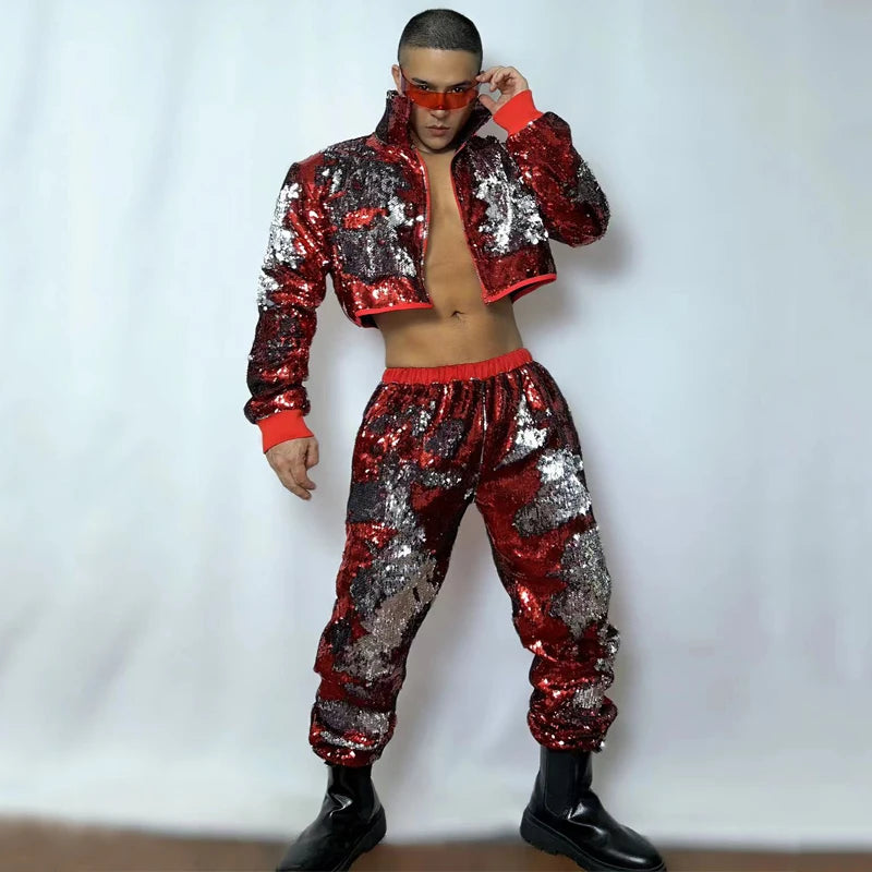 Red Silver Sequins Suits Men Nightclub Ds Dj Gogo Dancer Costumes Stage Performance Muscle Man Sexy Pole Dance Outfits XS8090