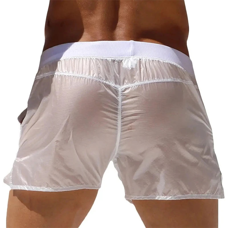 Mens swim trunks Elastic Waist See-through Summer Beach Shorts Low Waist bathing suit Swimwear with Pockets