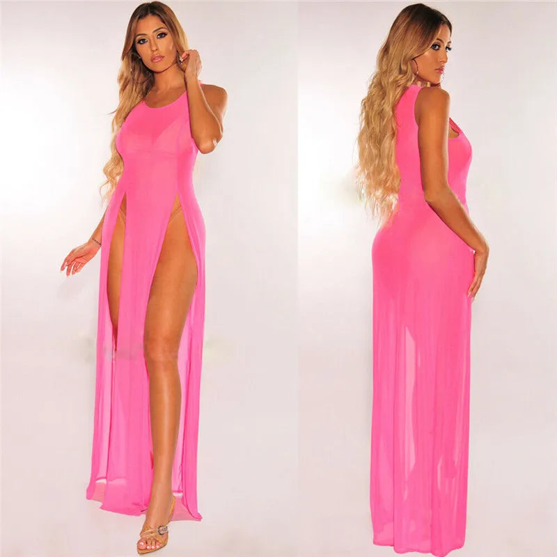 Hot Woman Sexy Mesh Sheer Long Dress See Through Bikini Cover Up Beach Sundress Solid Long Dress Sleeveless Strap Dress