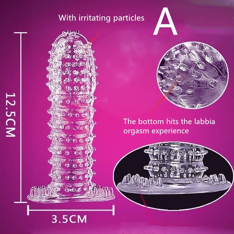 Extension Reusable Condom Penis Sleeve Male Enlargement Time Delay Spike Clit Massager Cover Crystal Clear Condoms Adult Sex Toy