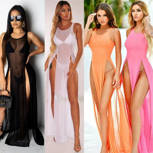 Hot Woman Sexy Mesh Sheer Long Dress See Through Bikini Cover Up Beach Sundress Solid Long Dress Sleeveless Strap Dress