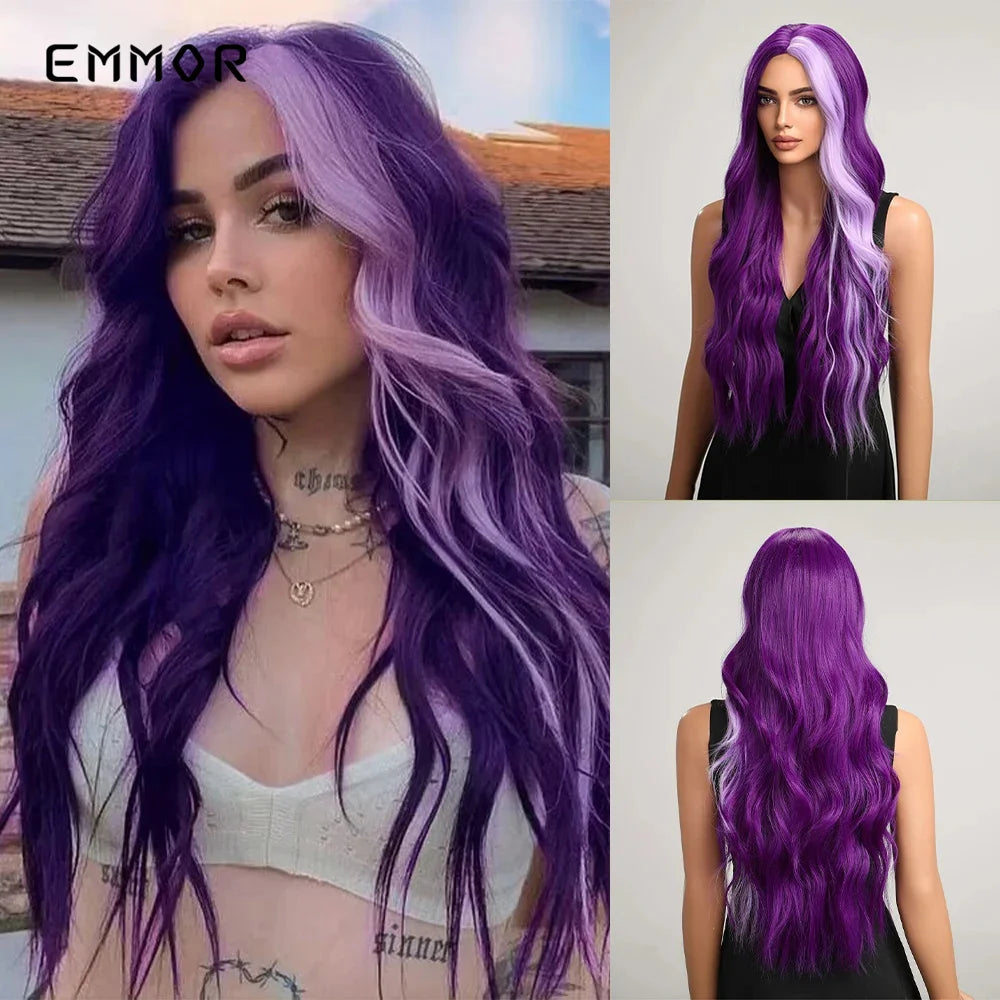 Emmor Long Purple Wave Wig Cosplay Party Halloween Synthetic Wigs for Women High Quality Fiber Hair Wig