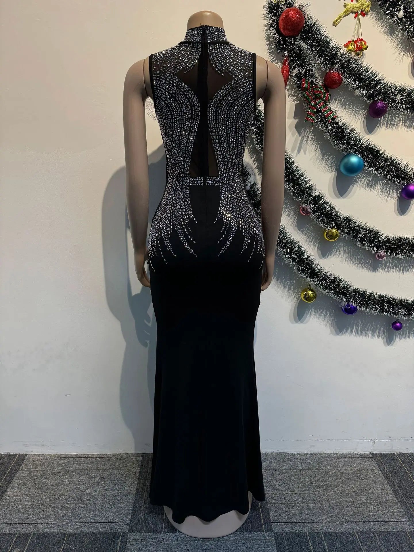 Mesh Rhinestone Prom Evening Dress Sexy Women O-neck Bodycon Sparky Diamond Long Party Dress