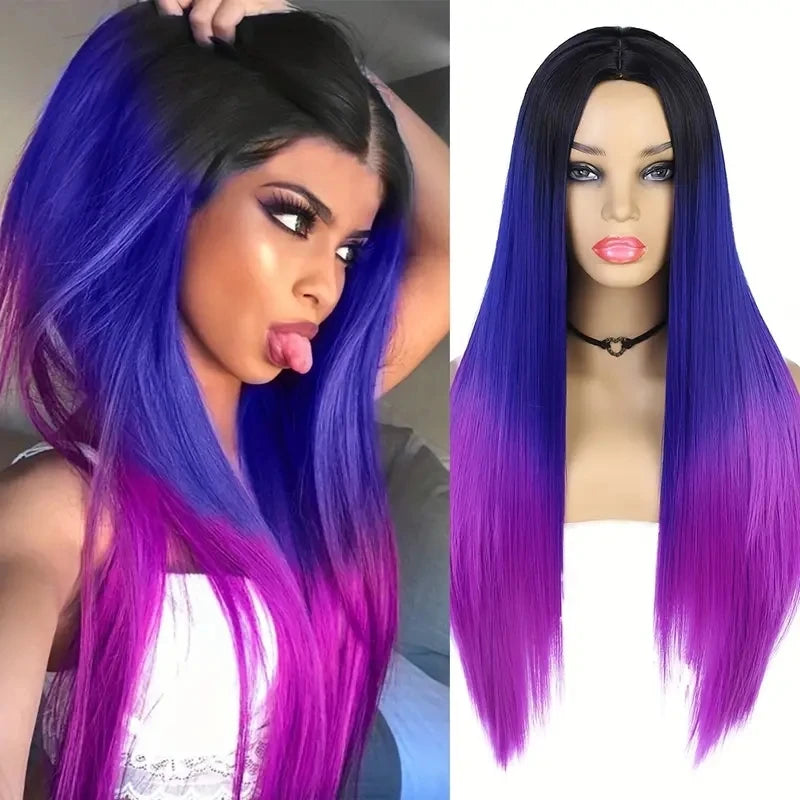 Ombre Rainbow Black Blue Purple Long Straight Synthetic Wigs for Women Red Black Cosplay Wig for Christmas Heat Resistant Fiber