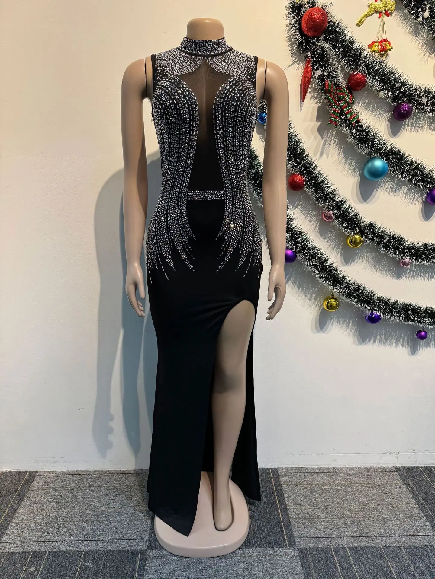 Mesh Rhinestone Prom Evening Dress Sexy Women O-neck Bodycon Sparky Diamond Long Party Dress