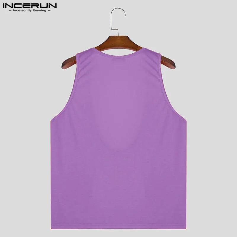 INCERUN Tops 2024 Korean Style Mens Fashion Solid Simple Vests Casual Streetwear Male Sports U-shaped Sleeveless Tank Tops S-5XL