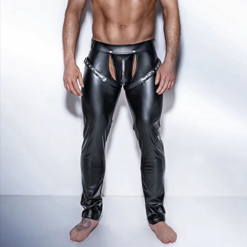 Fetish Gay Clothes Open Crotch Legging Long Chaps Pants PVC Leather Crotchless Pole Dance Pants Wetlook Latex Men's Underwear