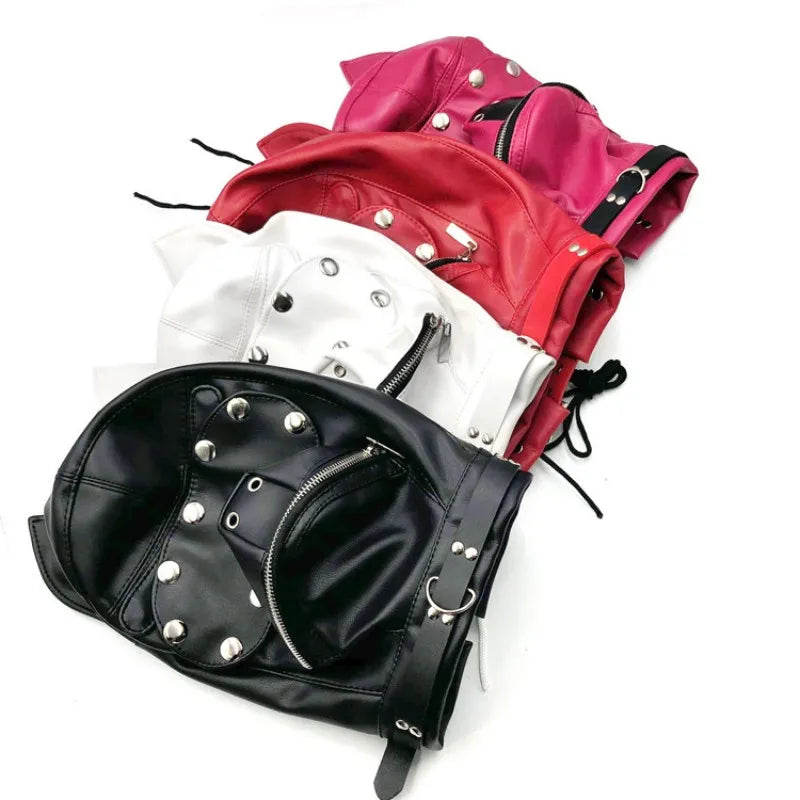 Puppy Cosplay Fetish Costumes of Adjustable Leather Full Head Hood with Eye Mask for Dog Roleplay Exotic Accessories