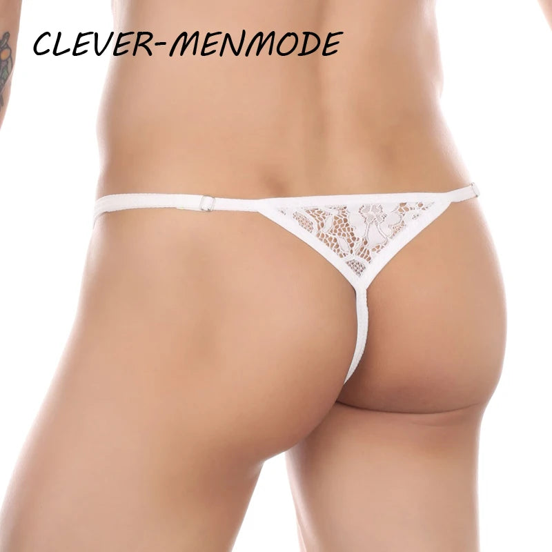 Men's Sexy Lace Thong Side Buckle Adjustable Strap G-String Underwear Exotic Lace Sheer Panties Lower Body Mini Mankini