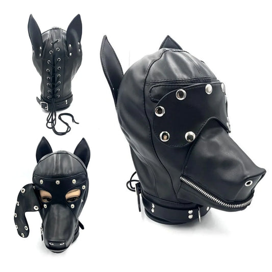 Puppy Cosplay Fetish Costumes of Adjustable Leather Full Head Hood with Eye Mask for Dog Roleplay Exotic Accessories