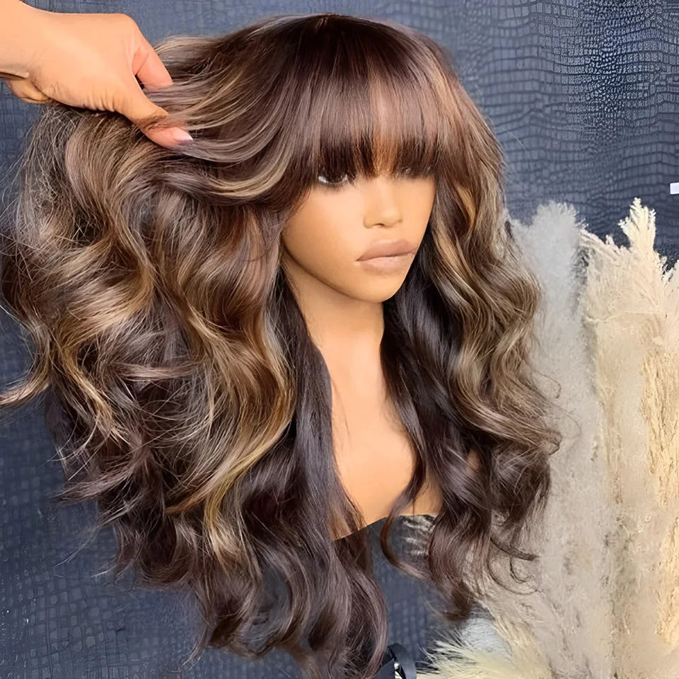 180D Highlight Body Wave Human Hair Wig With Bangs Wear To Go Ombre Blonde Brazilian Body Wavy Human Hair Wigs For Women