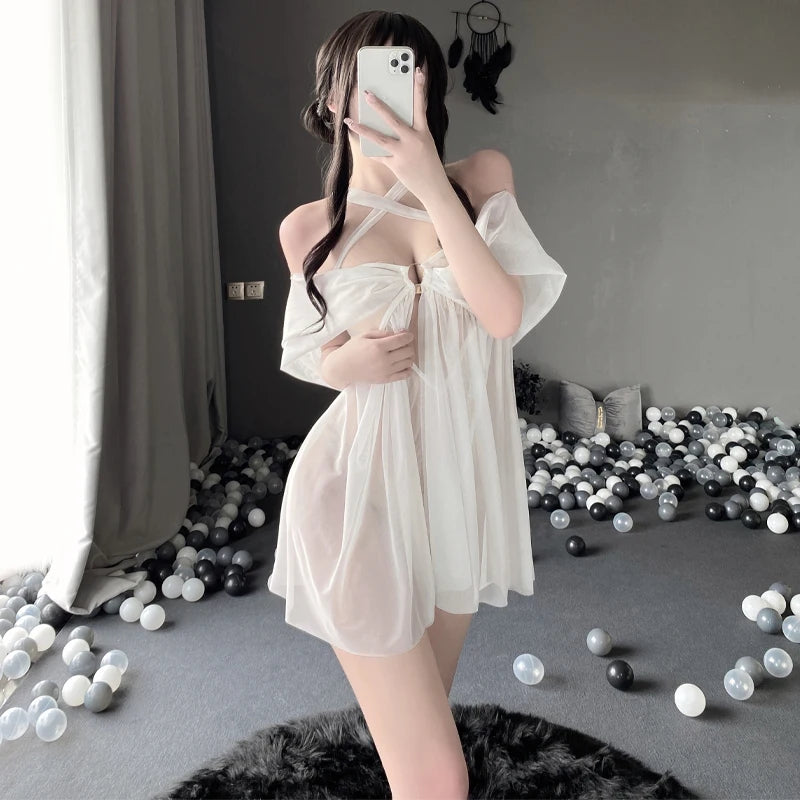 Women Sexy Lingerie Lace Nightgown Sleeveless Open Chest Sleepwear Soft Pajama Dress Short Nightdress Halter Boudoir Outfits