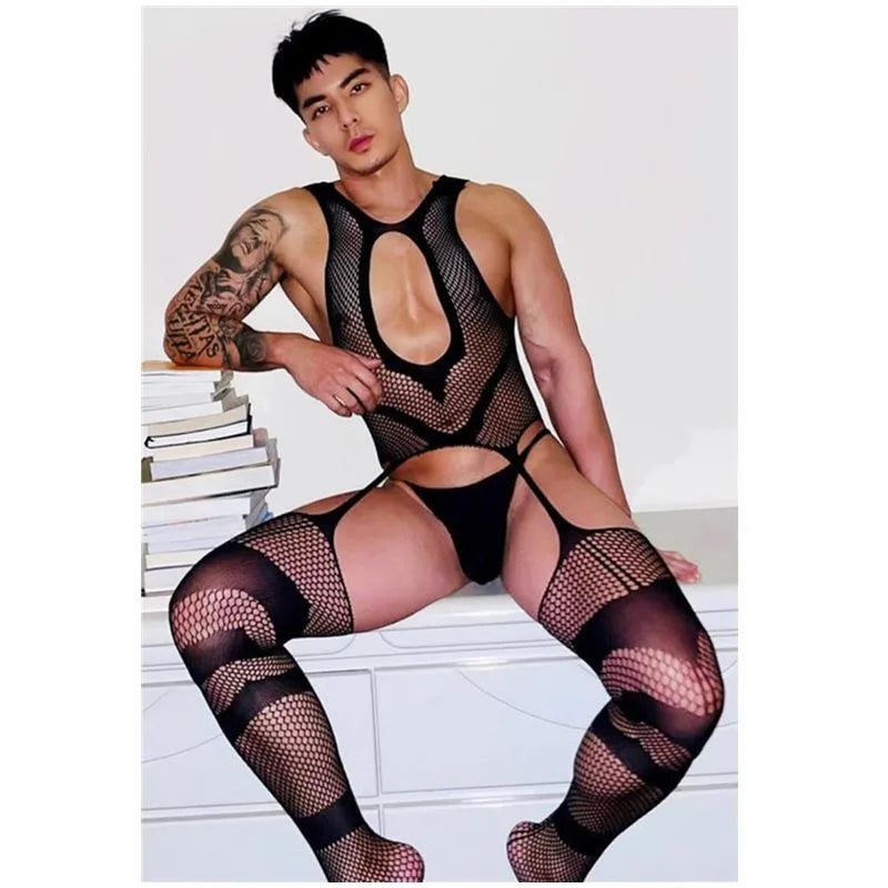 Mens Fishnet Bodysuit Gay Fetish Lingerie Elastic Bodystocking Transparent Porno Costume Sissy Lingerie Club Wear Male Nightwear